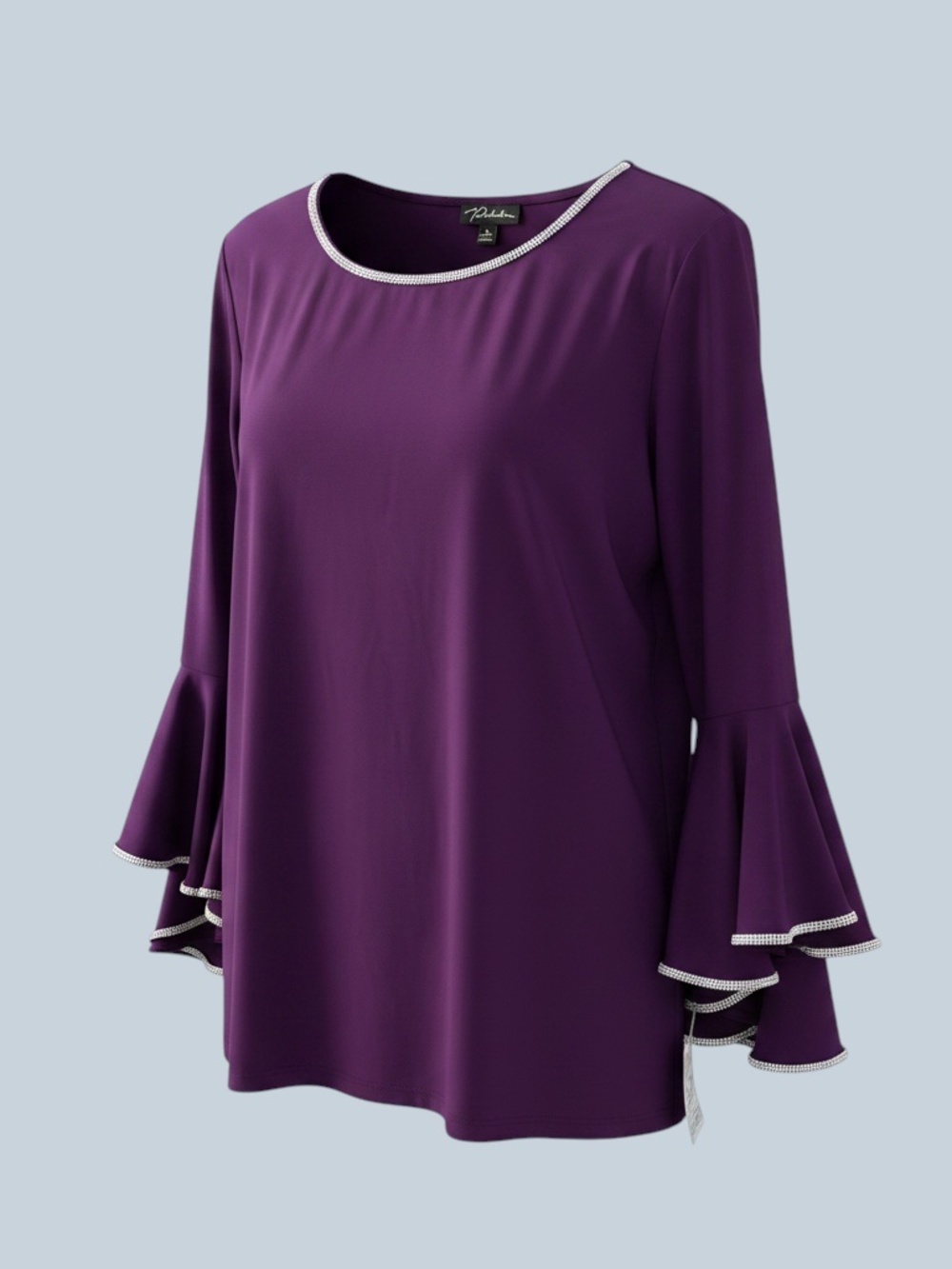 Prelude Women's "Luxe Plum" Purple Bell Sleeve Blouse Sparkly Rhinestone Trim XL